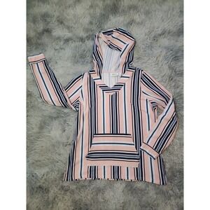 Denim & Co. Active Striped Baja Hoodie | Pink & Navy | Size M
